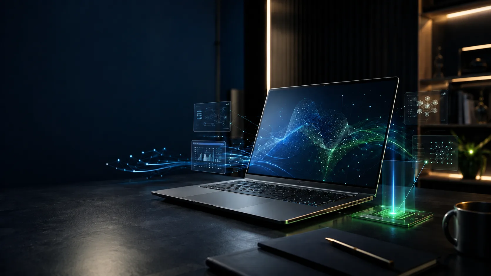 Premium konceptualni prikaz AI laptopa sa lokalnim modelima i agentima