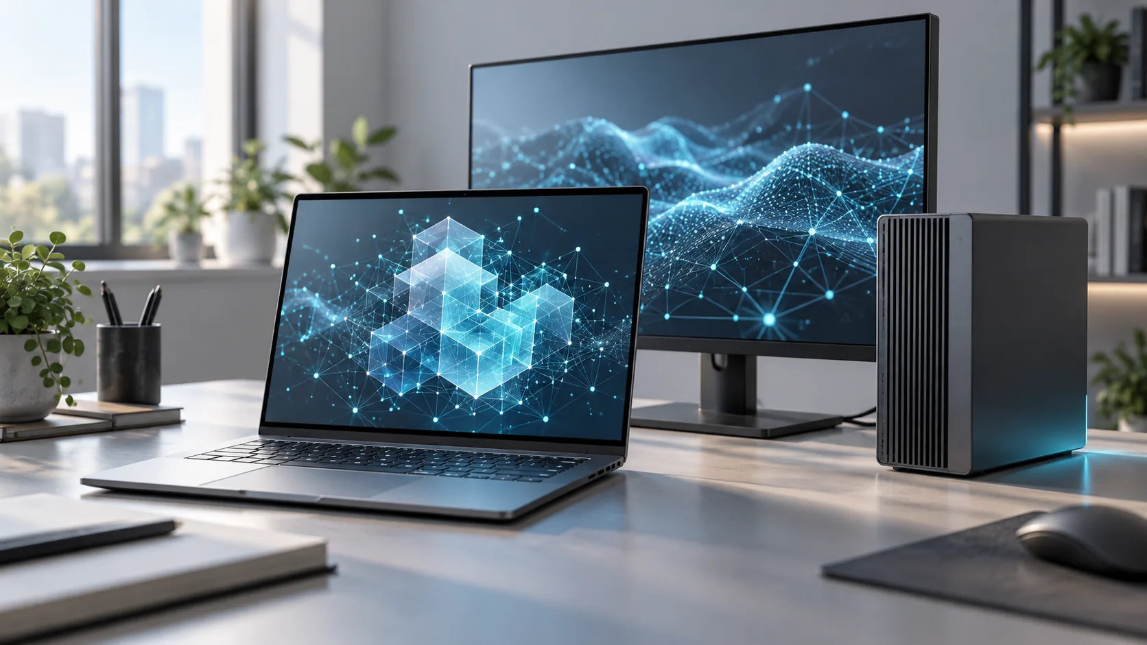 Konceptualna ilustracija laptopa i kompaktnog desktop računara za lokalni AI