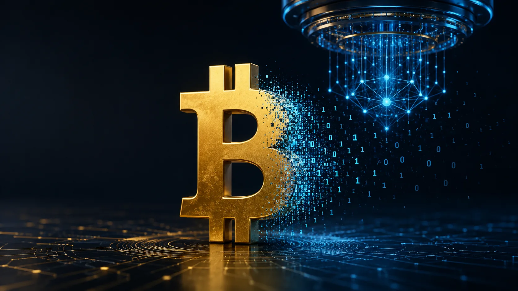 Konceptualni prikaz Bitcoin simbola i kvantnog rizika