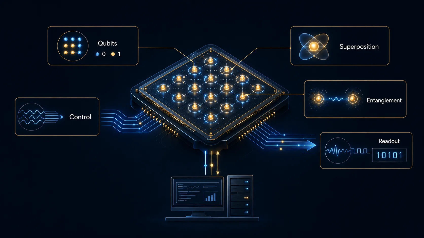 Grafički prikaz qubit-a, superpozicije, entanglement-a, kontrolnih signala i očitavanja