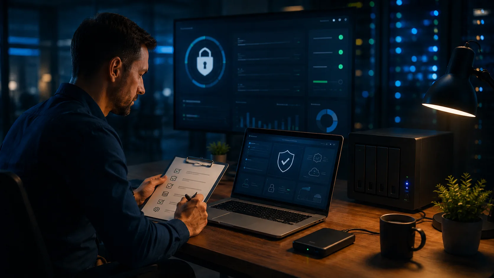 Business laptop with encryption symbols and USB device