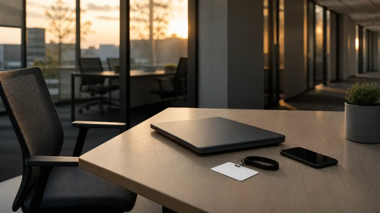 A closed laptop, phone and access card on an empty desk
