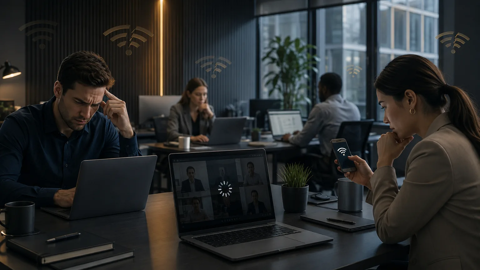 Office employees experiencing unstable WiFi during daily business work