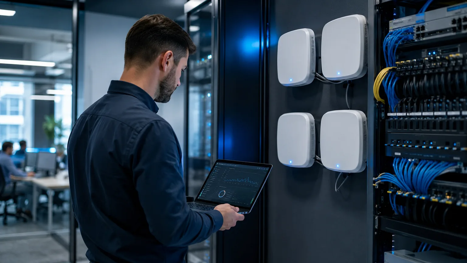 IT technician diagnosing business WiFi access points and network equipment